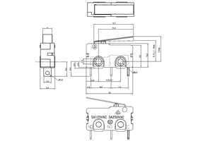 Dimensions (in mm) of snap-action switch with 16.7mm lever 3-pin, SPDT, 5A